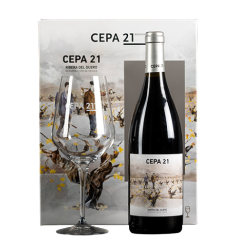 Flasche Cepa 21 im Etui mit Glas