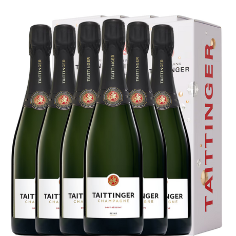 Sechs Flaschen Taittinger Brut Réserve mit Kiste